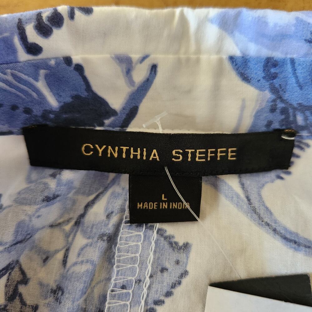 Cynthia Steffe Shirt Dress Women's L White Blue Floral Flared Coastal Nautical - Picture 9 of 16